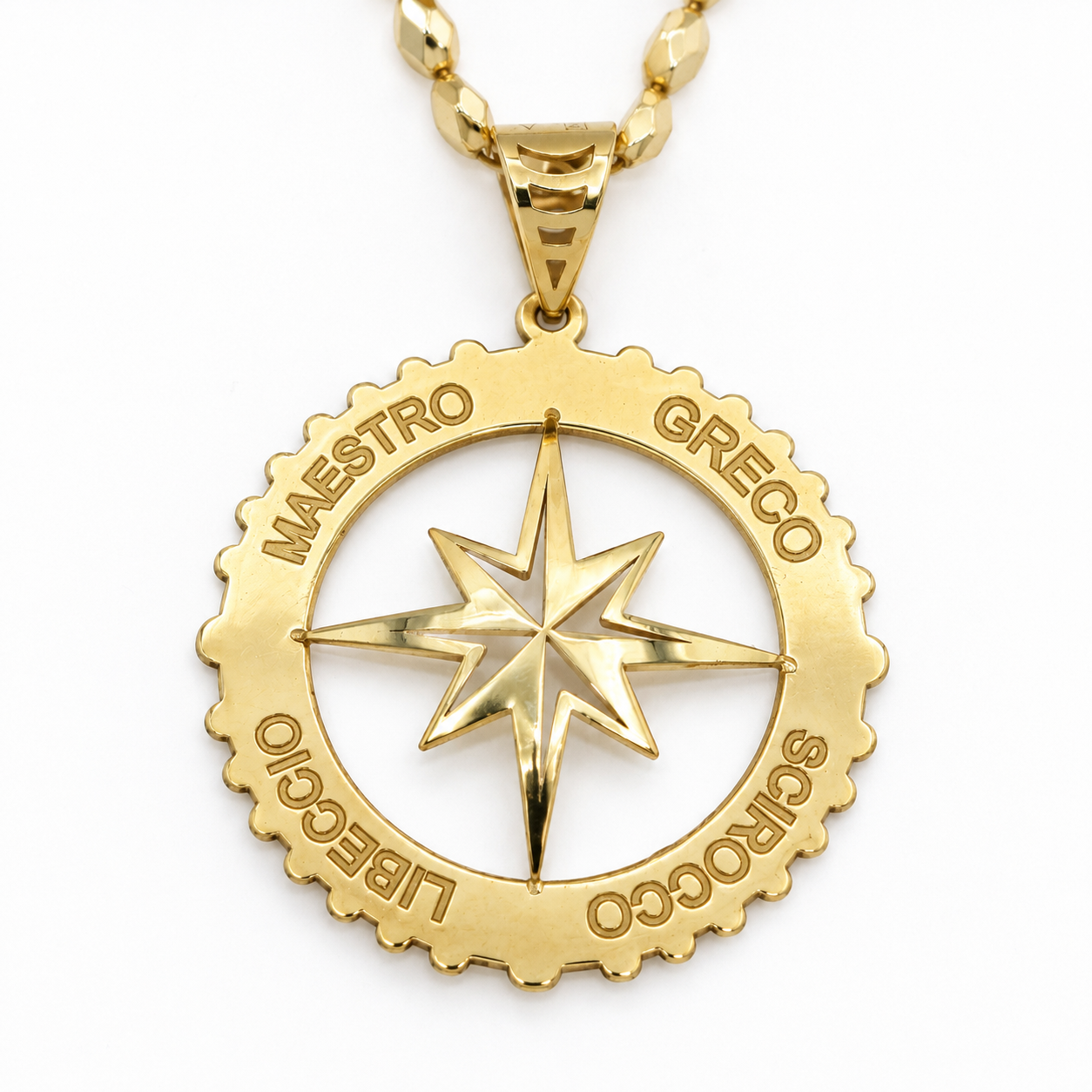 "Collana in oro giallo 18kt 750 da 50 cm con ciondolo pendente rosa dei venti incisa, Made in Italy, Gilma Gioielleria."