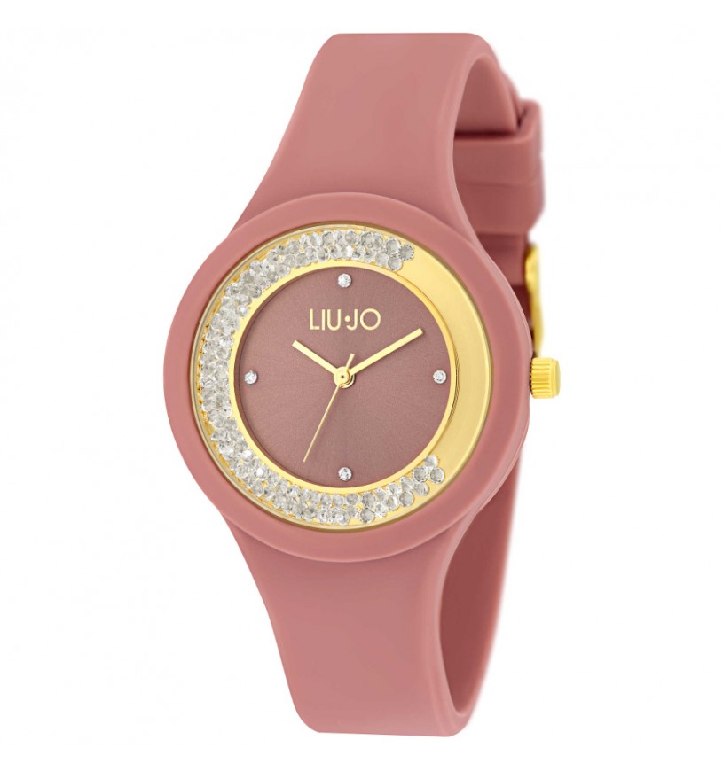 Orologio da donna Liu Jo Dancing Sport TLJ1426 con cinturino in silicone rosa, cassa dorata e ghiera con cristalli