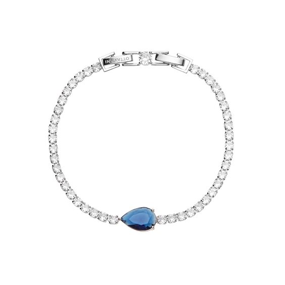 Bracciale modello tennis Ottaviani in cristalli bianchi taglio brillante con pietra centrale a goccia blu zaffiro, chiusura con brand inciso.