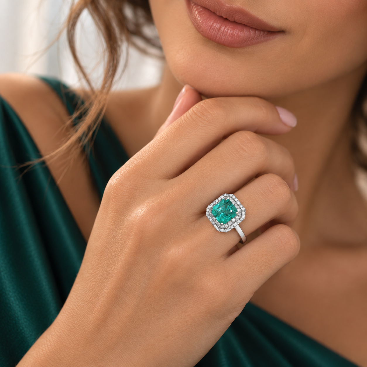 Anello-Solitario-Donna-Oro-Bianco-con-Smeraldo-Ottagonale-e-Doppio-Contorno-diamanti-Indossato