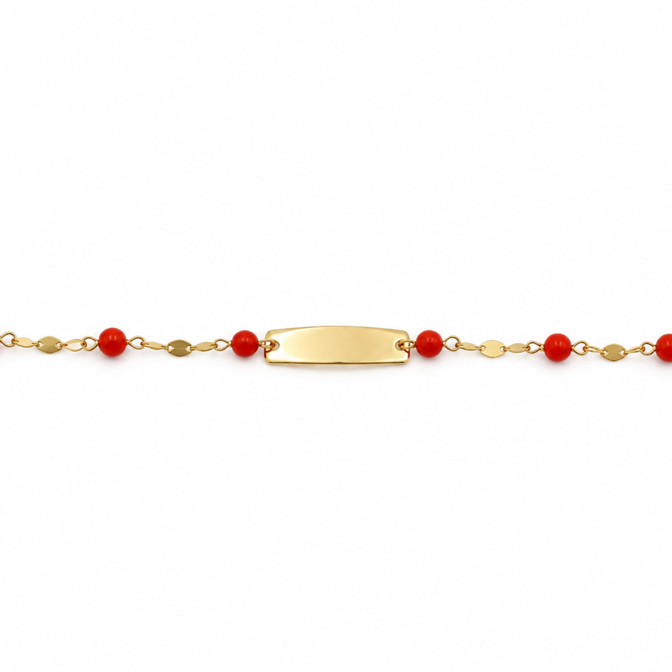 Bracciale Identificativo Oro 18 Carati con Corallo Rosso 14.5 cm Steso in Piano
