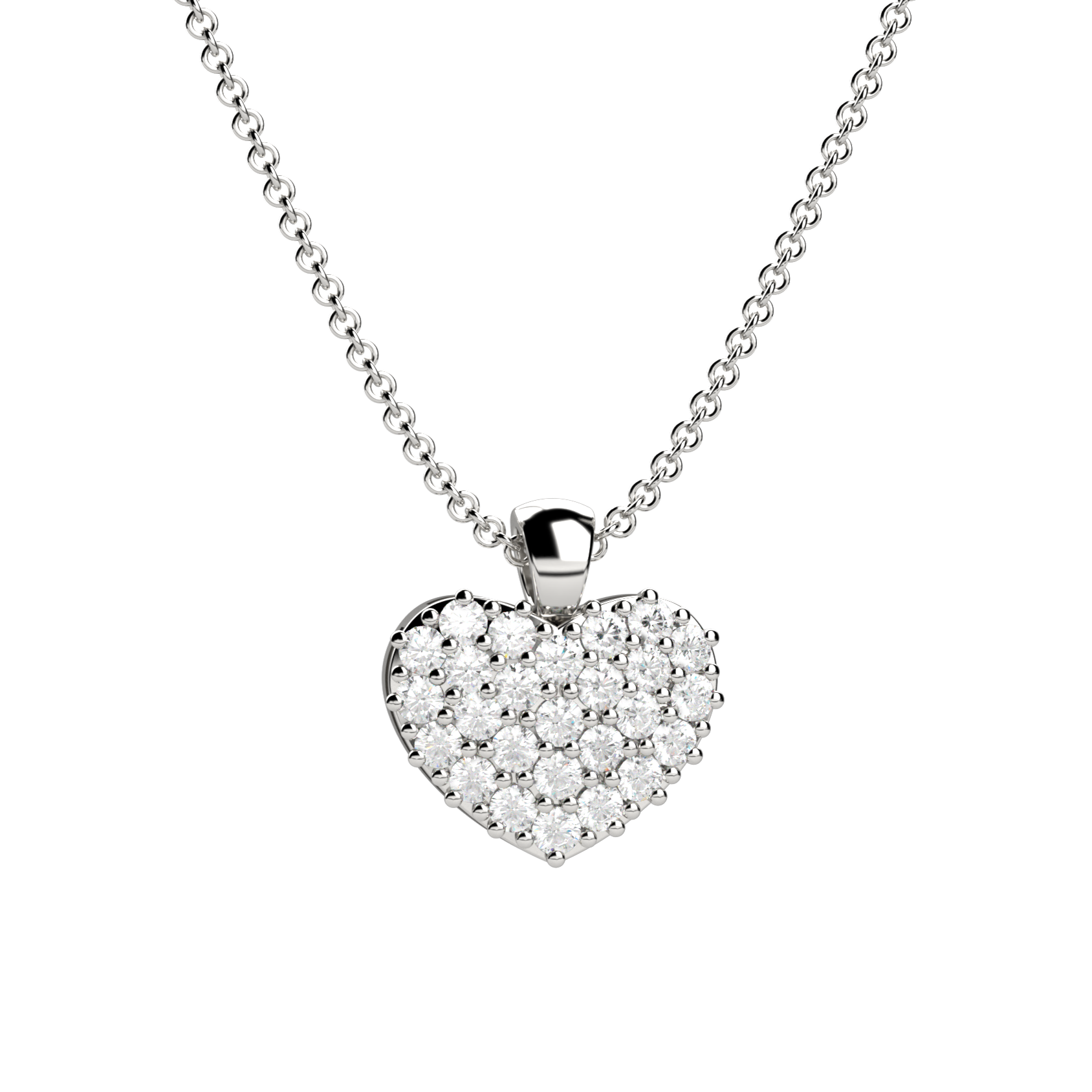 Collana da donna con pendente a forma di cuore firmato Nardelli Gioielli in oro bianco 18 carati impreziosito da un pavè di diamanti naturali taglio brillante per 0.19 carati totali, colore G e purezza VS, su catena da 43 cm, peso complessivo 2,30 grammi