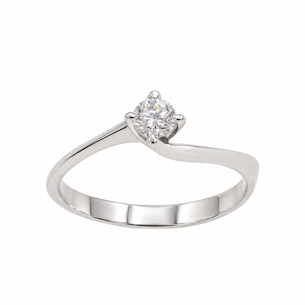 "Anello solitario da donna in oro bianco 18 carati Made in Italy con diamante naturale da 0,30 carati colore G purezza VS, montatura a valentino/abbraccio, misura 15 e peso 2,36 grammi."
