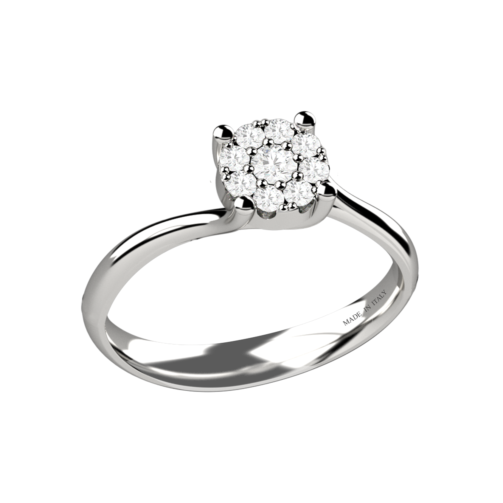 Anello solitario da donna modello rosetta firmato Nardelli Gioielli in oro bianco 18 carati con castone centrale composto da diamanti naturali taglio brillante per 0.20 carati totali, colore G e purezza VS, gambo lucido con incisione Made in Italy, peso 2,10 grammi, misura 14