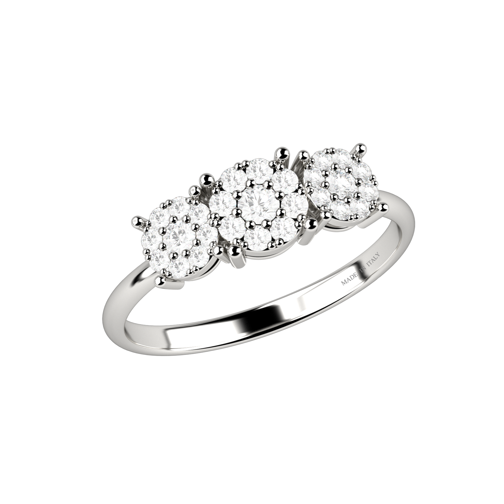 Anello Trilogy da donna firmato Nardelli Gioielli in oro bianco 18 carati con tre rosette composte da diamanti naturali taglio brillante per 0.23 carati totali, colore G e purezza VS, gambo lucido con incisione Made in Italy, peso 2,70 grammi, misura 15