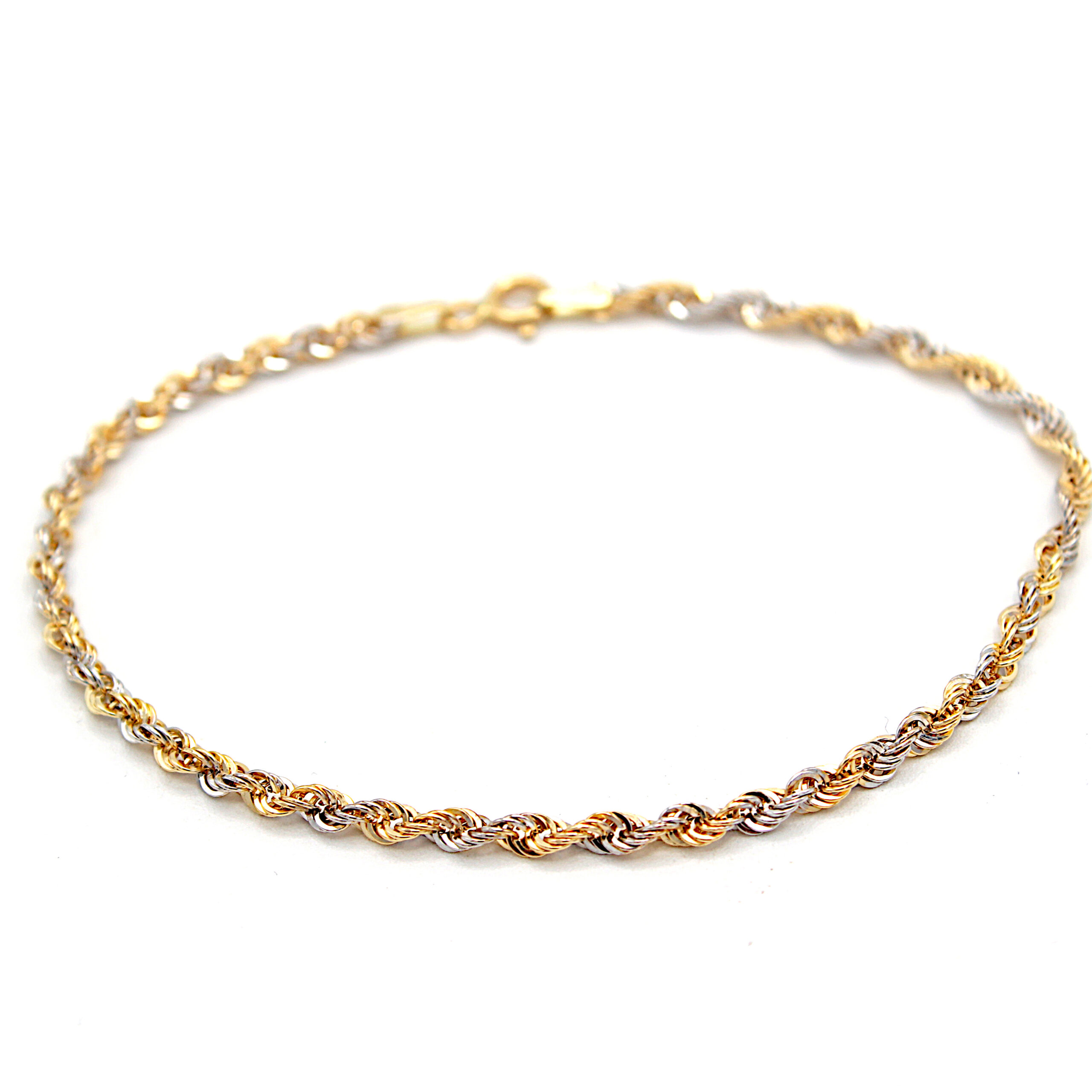 "Bracciale da donna in oro bicolore giallo e bianco 18 carati Made in Italy, maglia corda torcion diamantata da 2,30 mm, lunghezza 18 cm, peso 1,33 grammi."