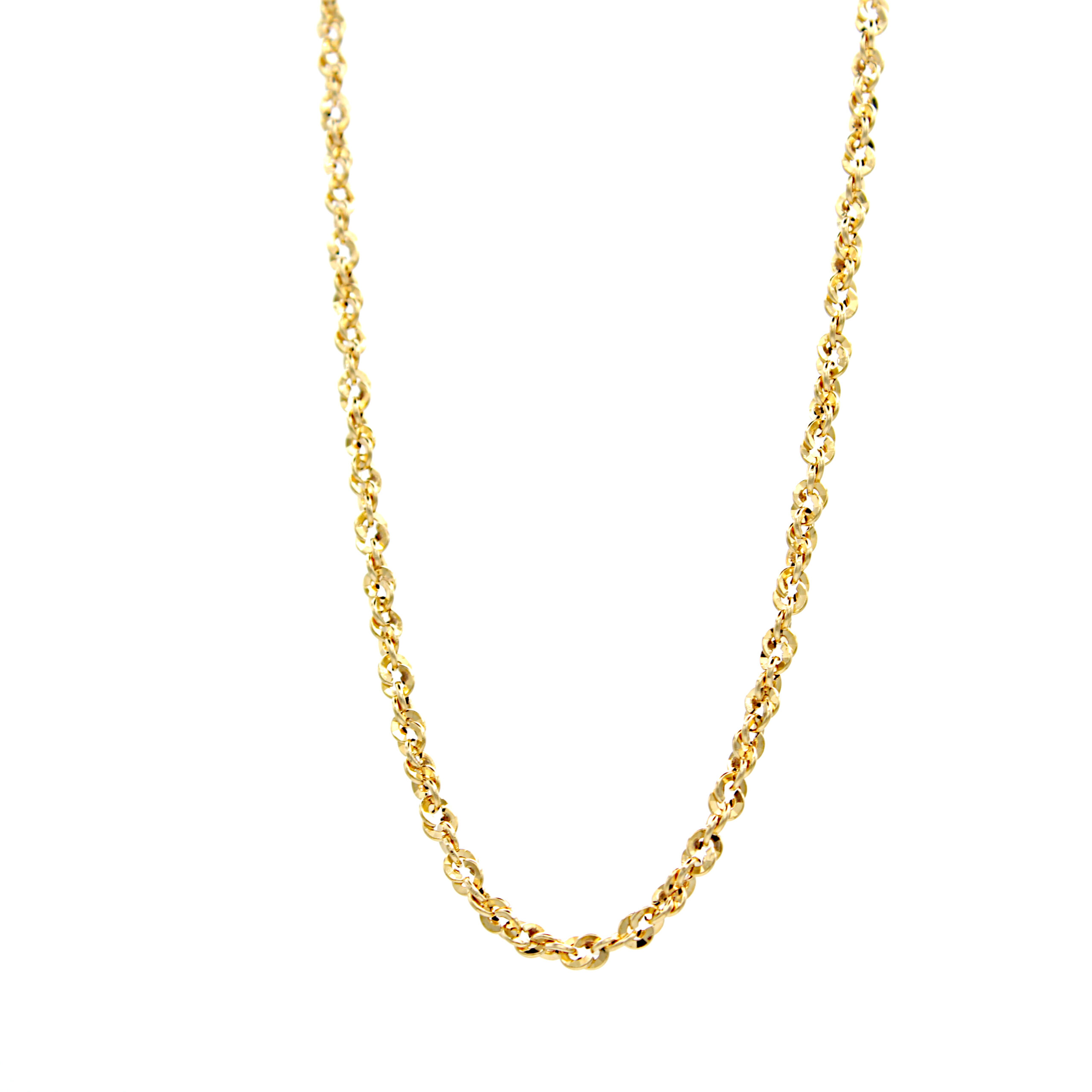 "Collana da donna a catena ritorta in oro giallo 18 carati (750) Made in Italy, lunghezza 50 cm, peso 2,92 grammi."