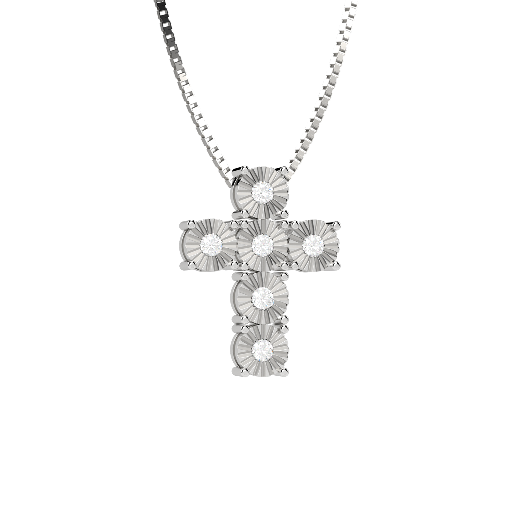 Collana con pendente a forma di croce in oro bianco 18 carati firmata Nardelli Gioielli, composta da 6 castoni circondati da una lavorazione diamantata a raggiera con incastonati diamanti naturali taglio brillante per 0.12 carati totali, colore G e purezza VS, su catena veneziana da 43 cm, peso complessivo 2,00 grammi