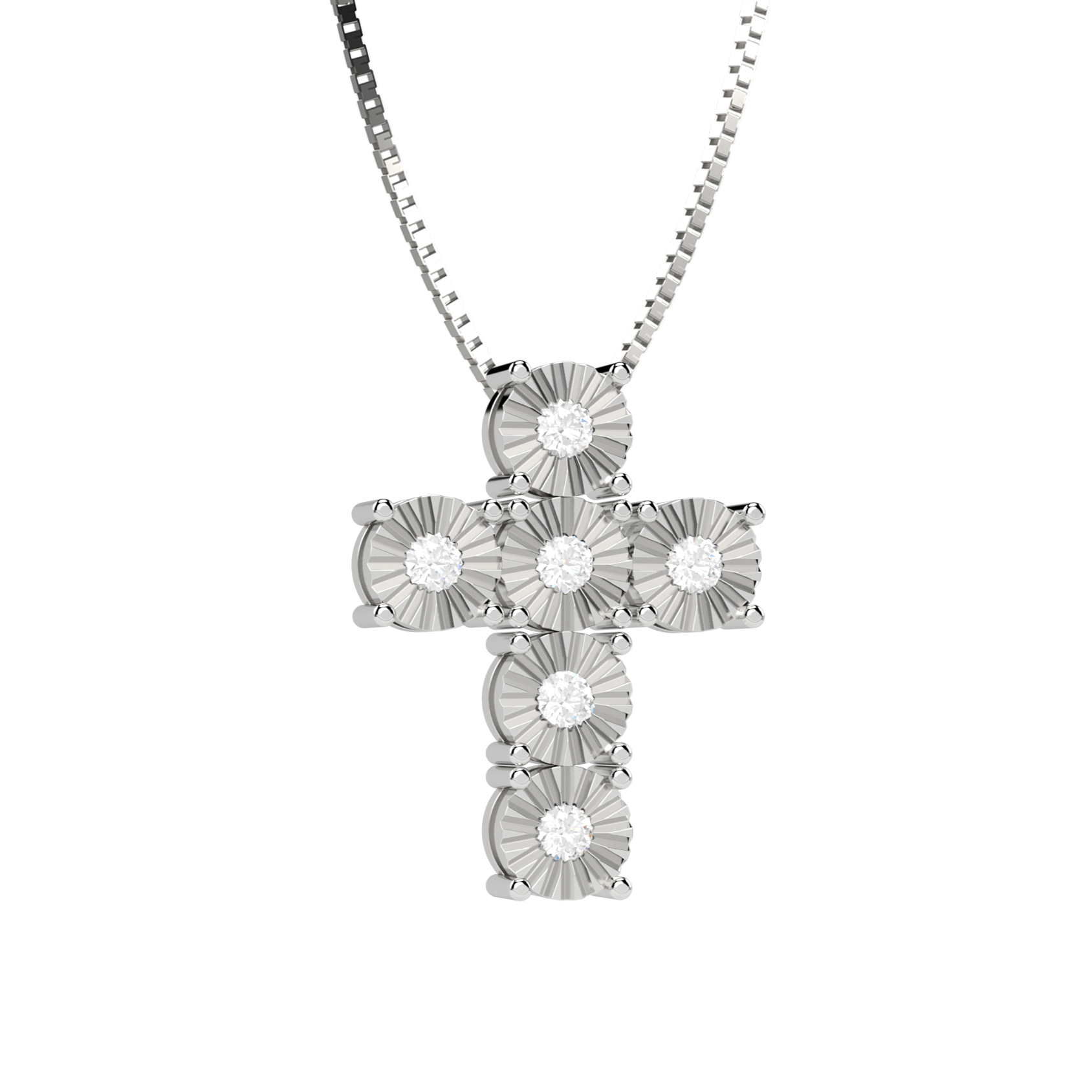 Collana con pendente a forma di croce in oro bianco 18 carati firmata Nardelli Gioielli, composta da 6 castoni circondati da una lavorazione diamantata a raggiera con incastonati diamanti naturali taglio brillante per 0.18 carati totali, colore G e purezza VS, su catena veneziana da 43 cm, peso complessivo 2,10 grammi