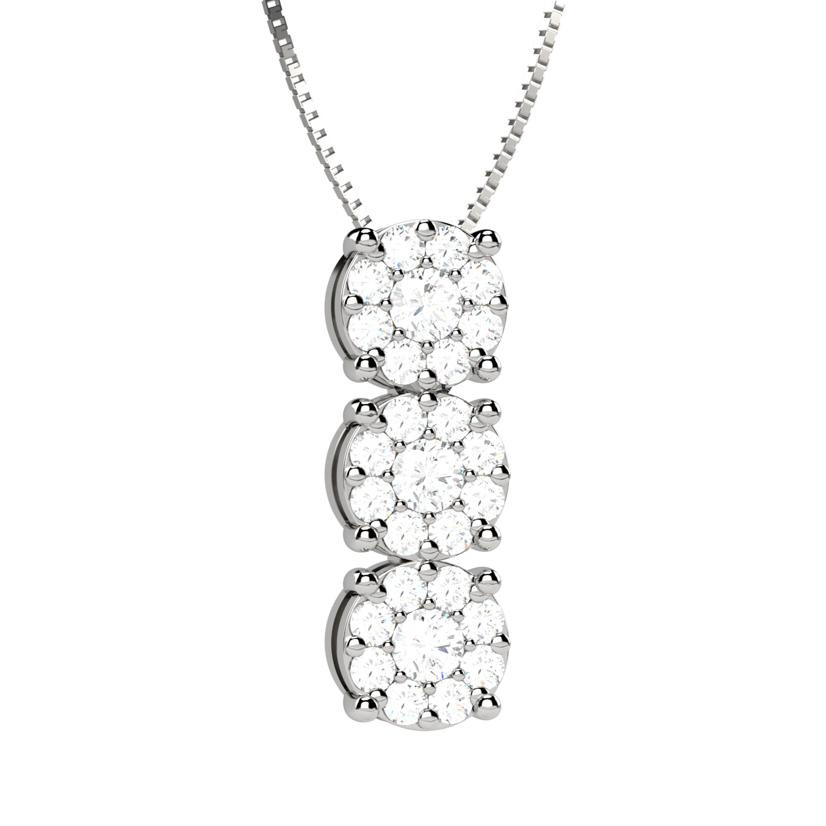 Collana da donna con pendente Trilogy verticale composto da tre rosette in oro bianco 18 carati e diamanti naturali taglio brillante per 0.31 carati totali, colore G e purezza VS, firmata Nardelli Gioielli su catena veneziana da 43 cm, peso complessivo 2,60 grammi