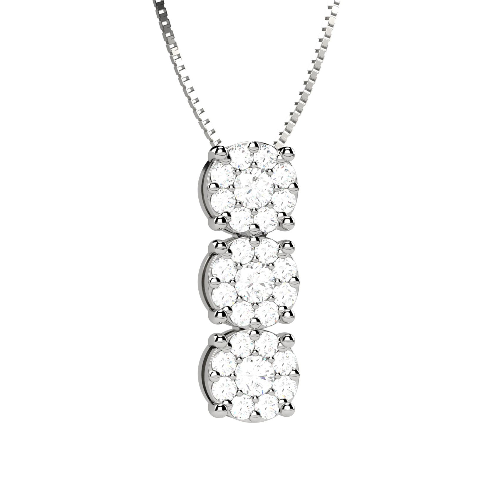 Collana da donna con pendente Trilogy verticale composto da tre rosette in oro bianco 18 carati e diamanti naturali taglio brillante per 0.21 carati totali, colore G e purezza VS, firmata Nardelli Gioielli su catena veneziana da 43 cm, peso complessivo 2,30 grammi