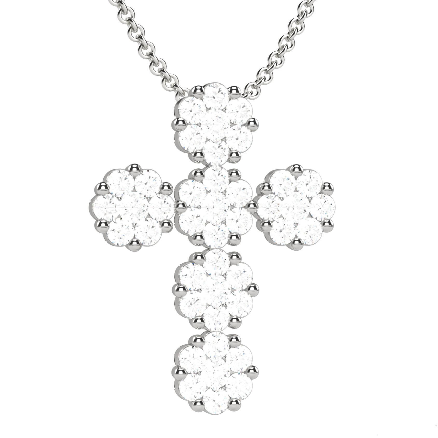 Collana con pendente a croce da donna firmata Nardelli Gioielli in oro bianco 18 carati formata da rosette di diamanti naturali taglio brillante per 0.72 carati totali, colore G e purezza VS, abbinata a catena da 43 cm, peso complessivo 3,40 grammi