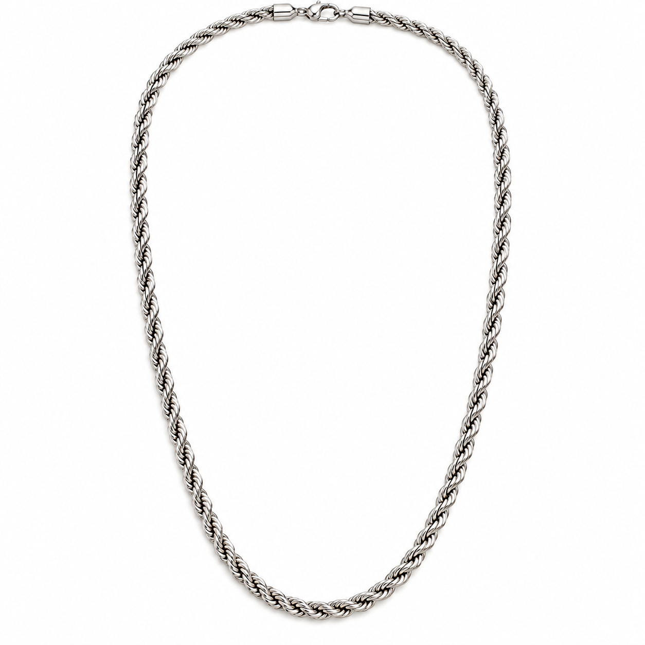 "Collana catena da uomo in acciaio inossidabile a maglia corda torsione tipo fune con chiusura a moschettone su sfondo bianco, Gilma Gioielleria."