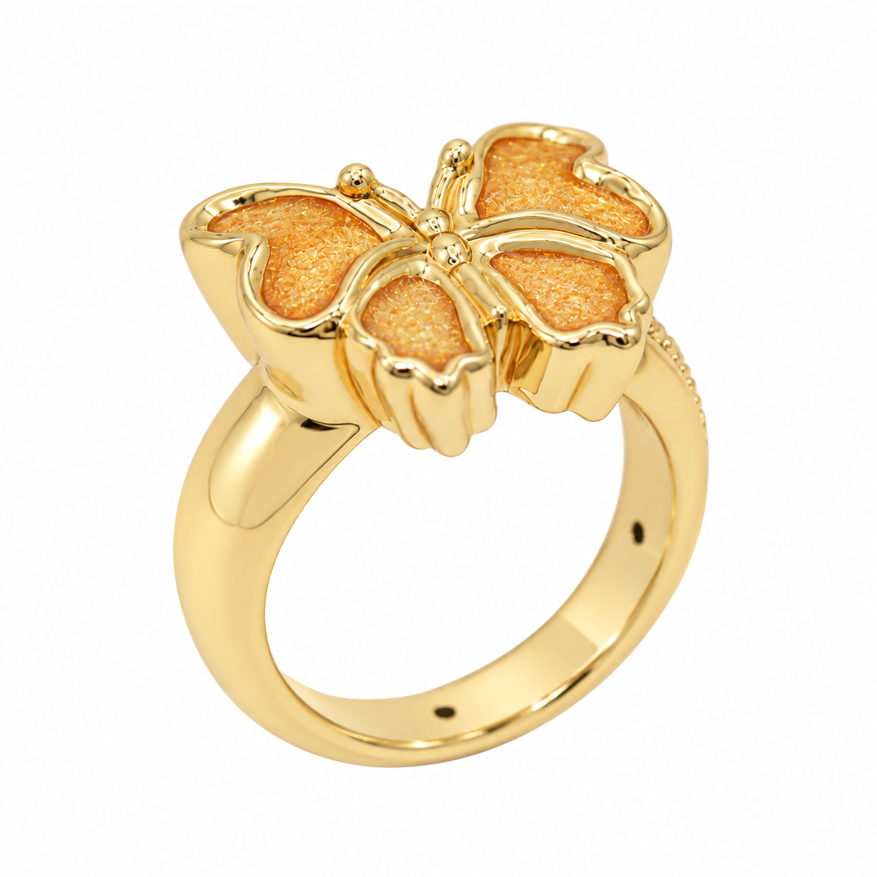 "Anello con farfalla in oro giallo 18KT misura 19, peso circa 0.93 grammi, design artigianale Made in Italy firmato Graziella Air."