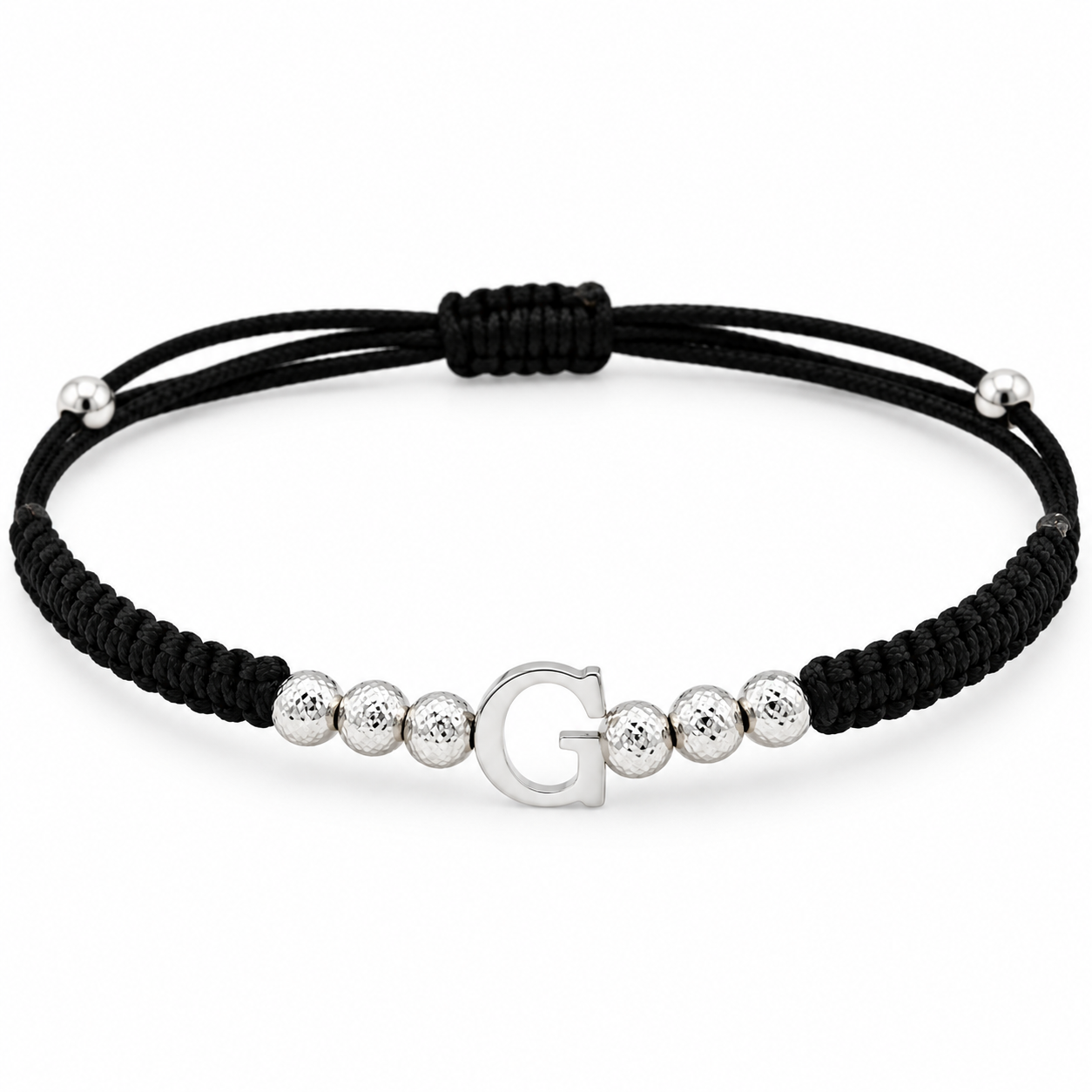 "Bracciale cordino nero fatto a mano con lettera iniziale G in oro bianco 18kt 750 e sfere diamantate regolabile, Gilma Gioielleria."