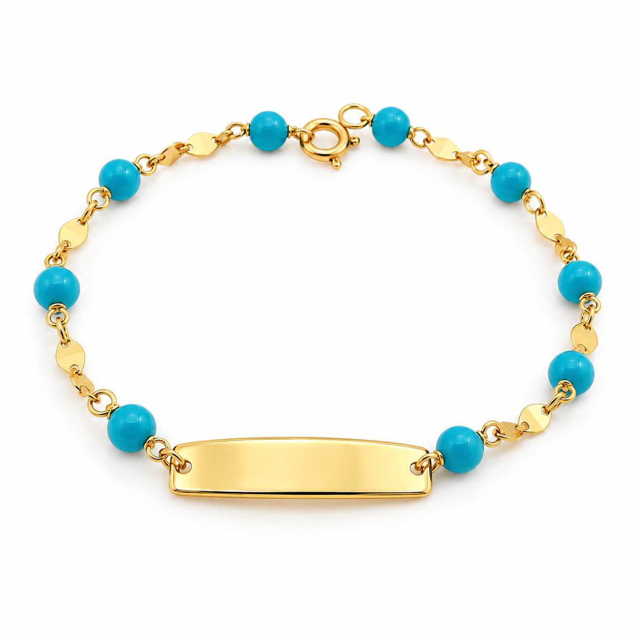 "Bracciale in oro con targa centrale per incisione e sfere color turchese da 3mm, lunghezza 14.5 cm, ideale per regalo di battesimo o cerimonia."