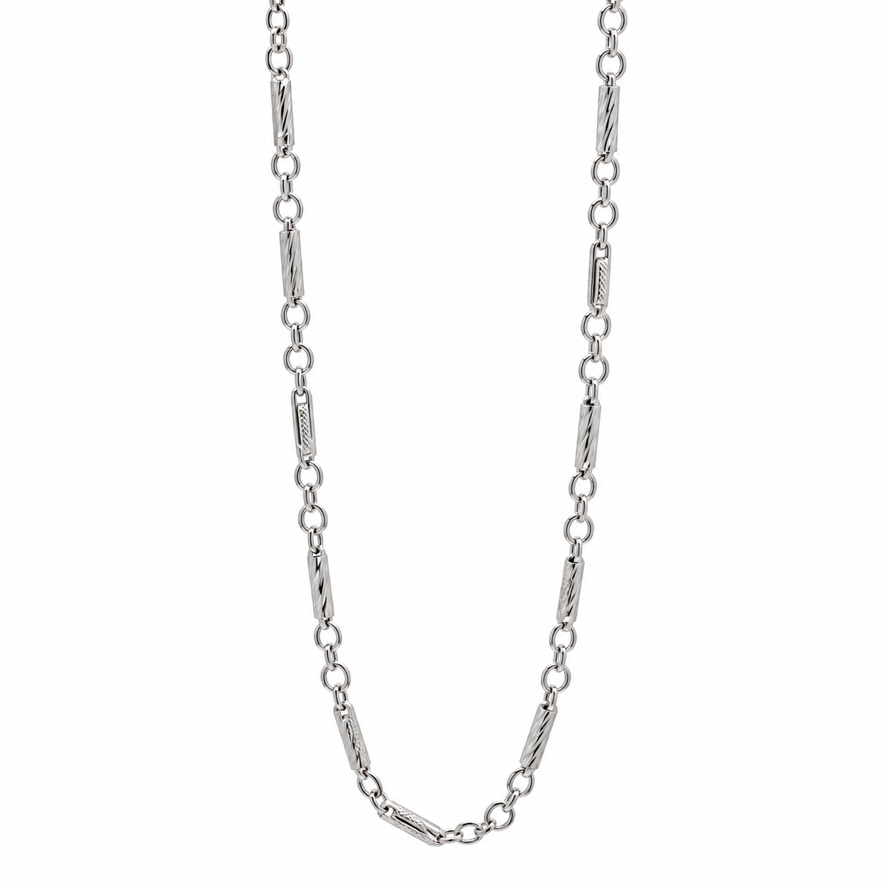 "Collana uomo in oro bianco 18kt 750 da 60 cm e peso 13,75 grammi a maglia alternata con barrette elicoidali diamantate e anelli tondi, Gilma Gioielleria."