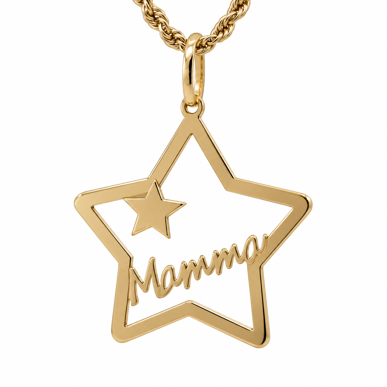 "Ciondolo stella per mamma in oro giallo 18kt 750 traforato con scritta corsiva Mamma, Gilma Gioielleria."