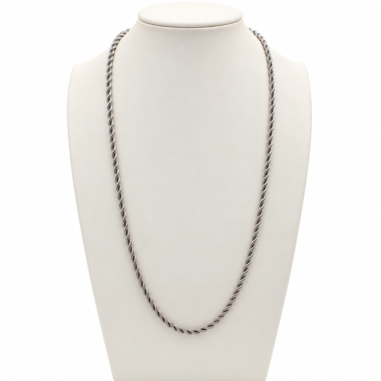 "Collana uomo in oro bianco 18kt 750 a maglia fune corda da 60 cm e spessore 3 mm su espositore, Gilma Gioielleria."